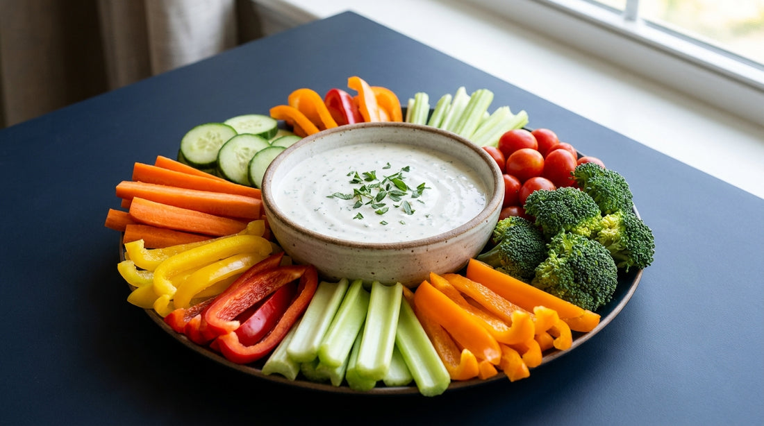 Healthy ranch dip for vegetables with colorful raw vegetables