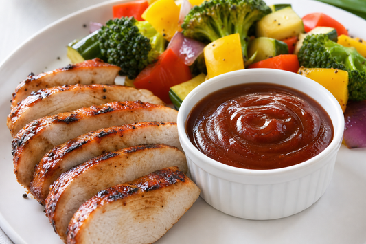 BBQ sauce for chicken with grilled chicken and vegetables