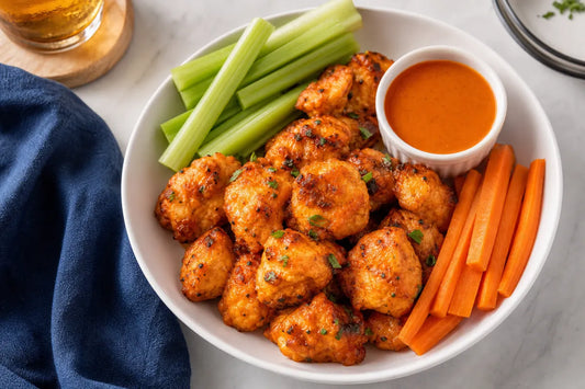 Healthy buffalo sauce with crispy chicken bites and vegetables
