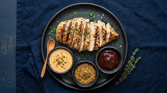 Healthy dipping sauce for chicken breast with grilled chicken and dipping bowls