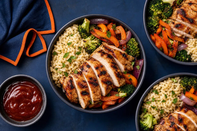 Low sugar BBQ sauce with grilled chicken meal prep bowls