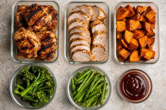 Paleo BBQ sauce with chicken pork vegetables and meal prep