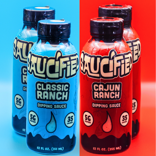 Two sets classic ranch and cajun ranch on a split blue and red background.