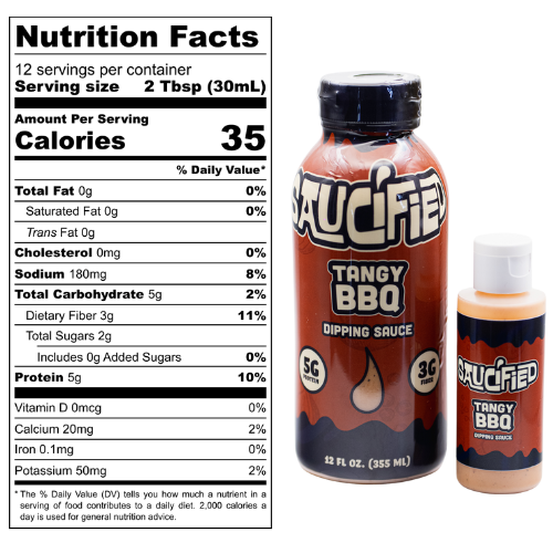 Tangy BBQ dipping sauce bottle with nutrition facts label on a white background