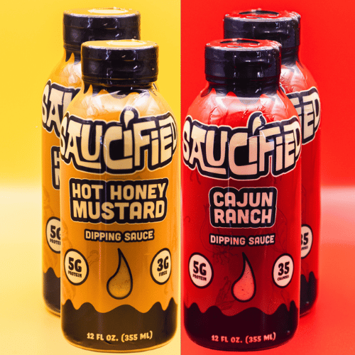 Two sets of 'Saucified' dipping sauce bottles on a gradient yellow to red background.