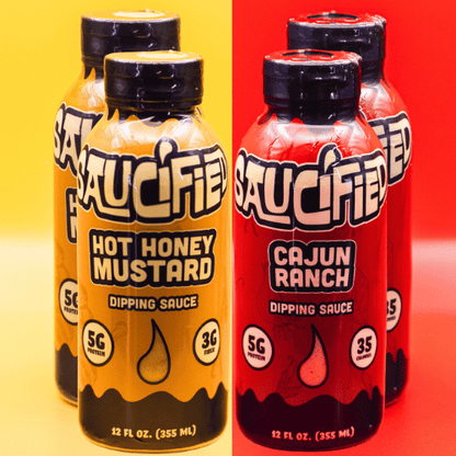 Two sets of 'Saucified' dipping sauce bottles on a gradient yellow to red background.