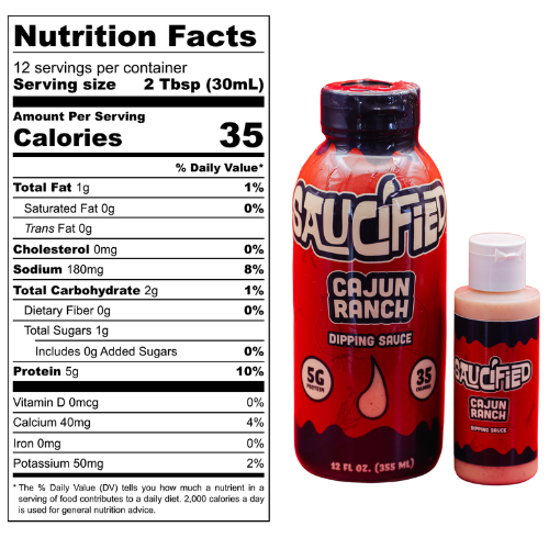 Saucified Cajun Ranch dipping sauce bottle with nutrition facts label on a white background