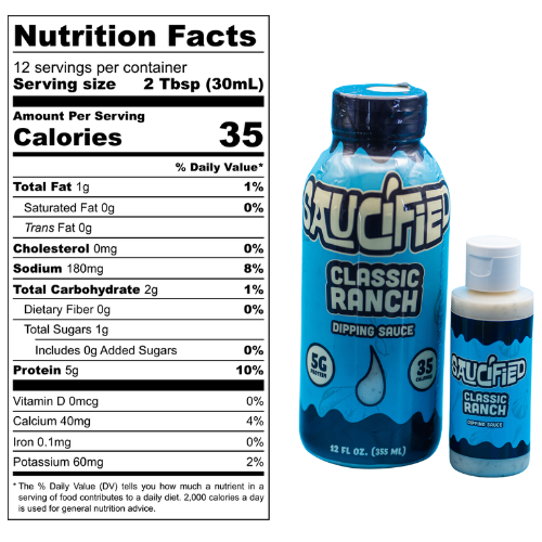 Saucified Classic Ranch dipping sauce bottle with nutrition facts label on a white background