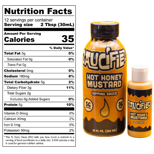 Saucified Hot Honey Mustard dipping sauce bottle with nutrition facts label on a white background