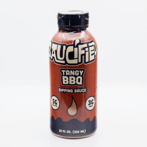 Bottle of Saucified tangy BBQ dipping sauce on a white background