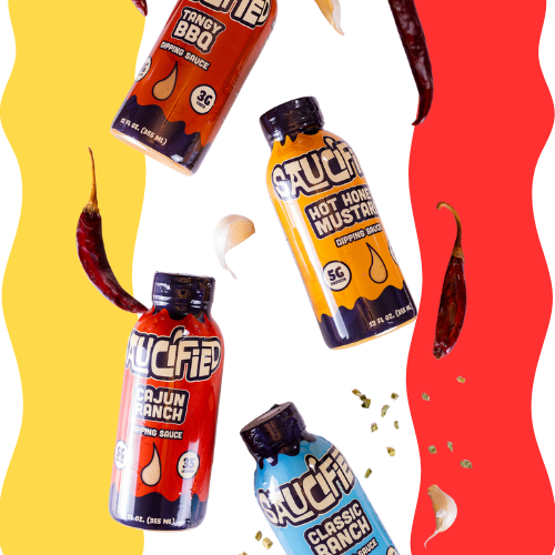 Four bottles of 'Saucified' sauces on a colorful background with red, yellow, and blue.